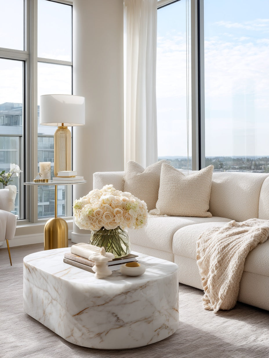 Modern Luxe interior style — cream sofa, marble coffee table and gold accent lamp — Downton Home