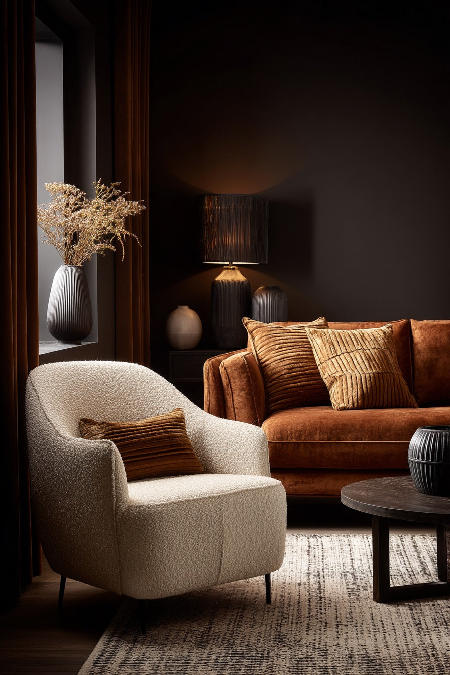 The Cocoa and Cream Edit — chocolate velvet sofa with cream boucle armchair and warm caramel accents — Downton Home