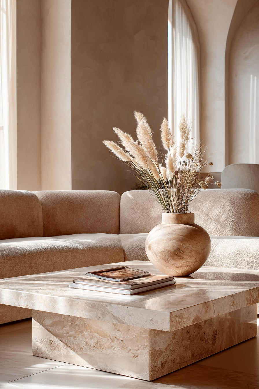 The Travertine Edit — travertine stone coffee table with pampas grass and natural stone accessories — Downton Home
