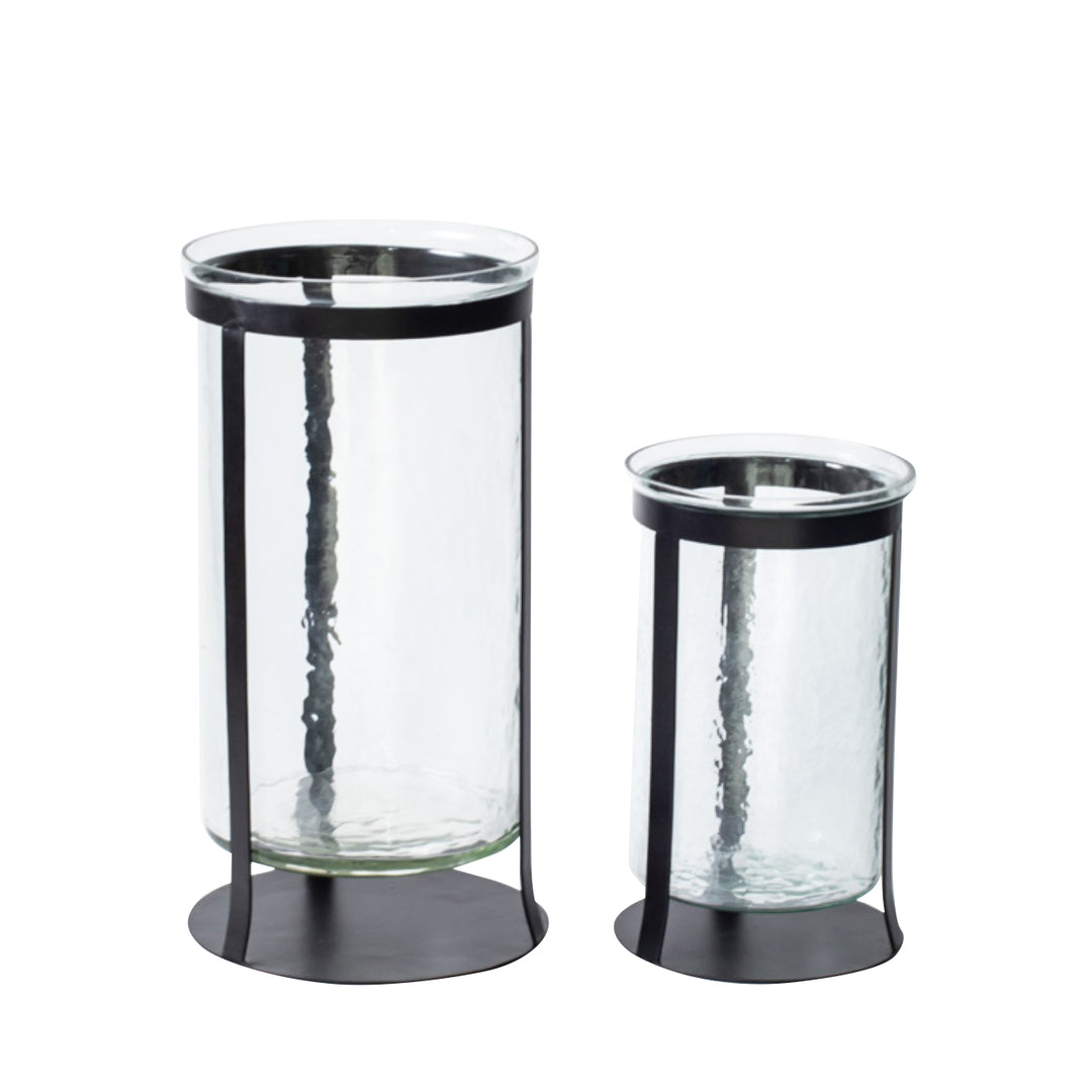 Nox Hammered Glass Black Iron Hurricane Small