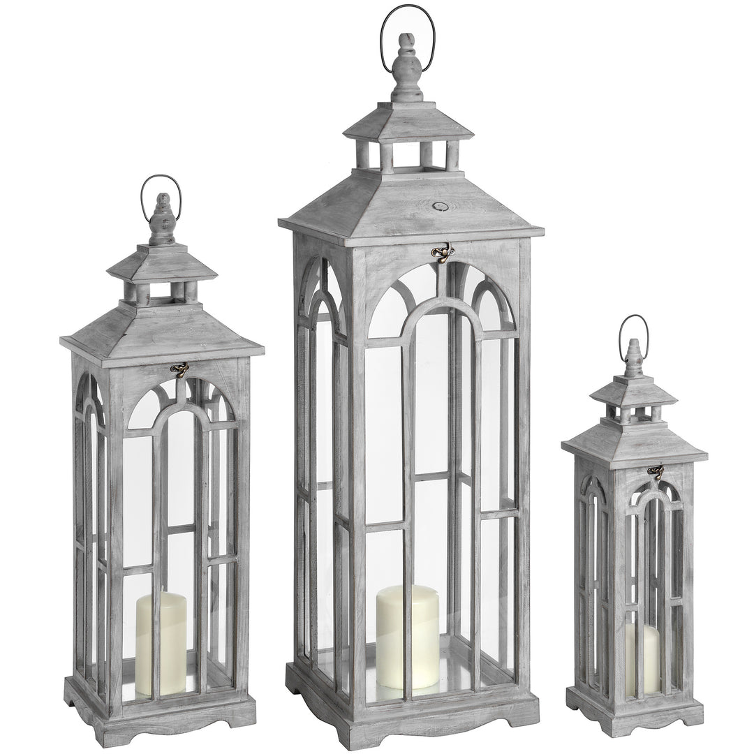 Set Of Three Wooden Lanterns With Archway Design by Hill Interiors