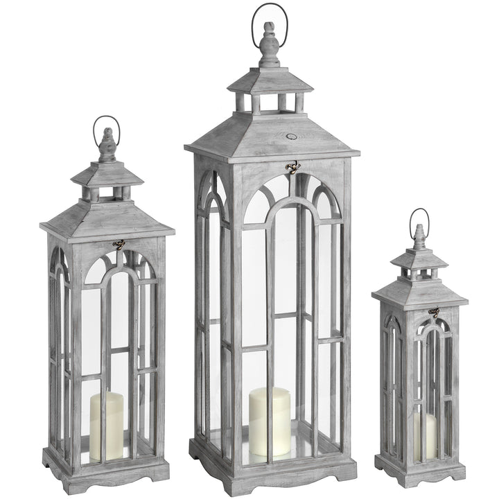 Set Of Three Wooden Lanterns With Archway Design by Hill Interiors