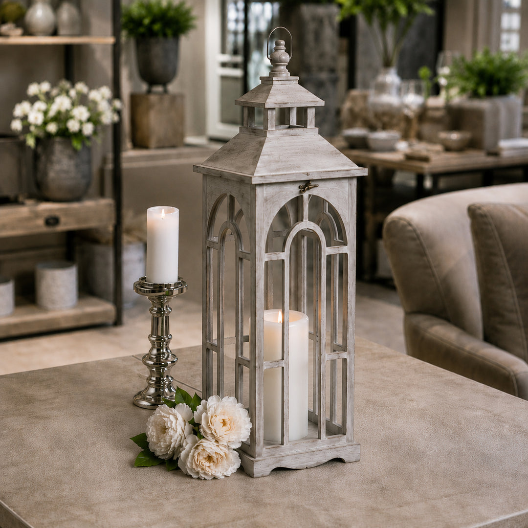 Set Of Three Wooden Lanterns With Archway Design by Hill Interiors