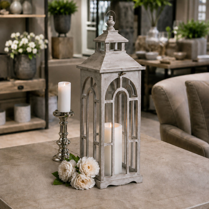 Set Of Three Wooden Lanterns With Archway Design by Hill Interiors