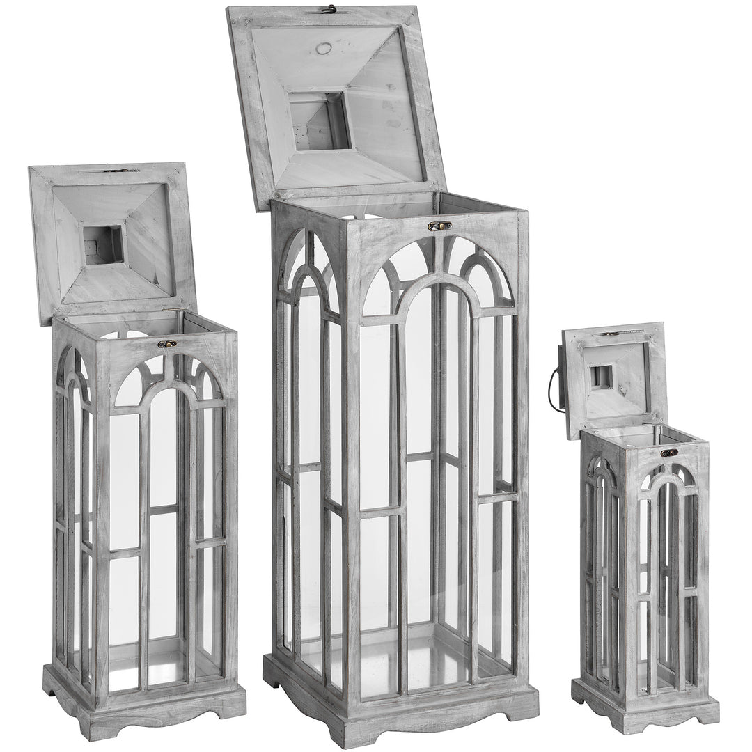 Set Of Three Wooden Lanterns With Archway Design by Hill Interiors