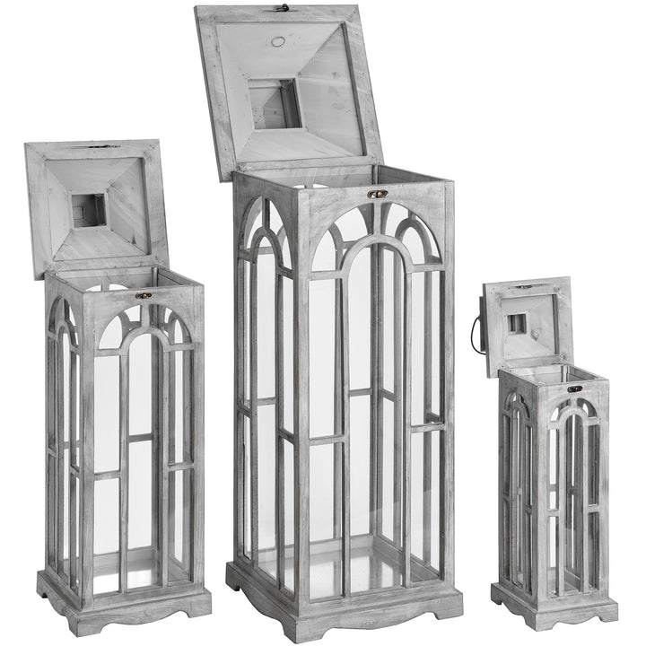 Set Of Three Wooden Lanterns With Archway Design by Hill Interiors