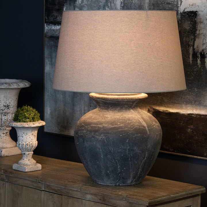 Amalfi Grey Round Table Lamp With Linen Shade by Hill Interiors