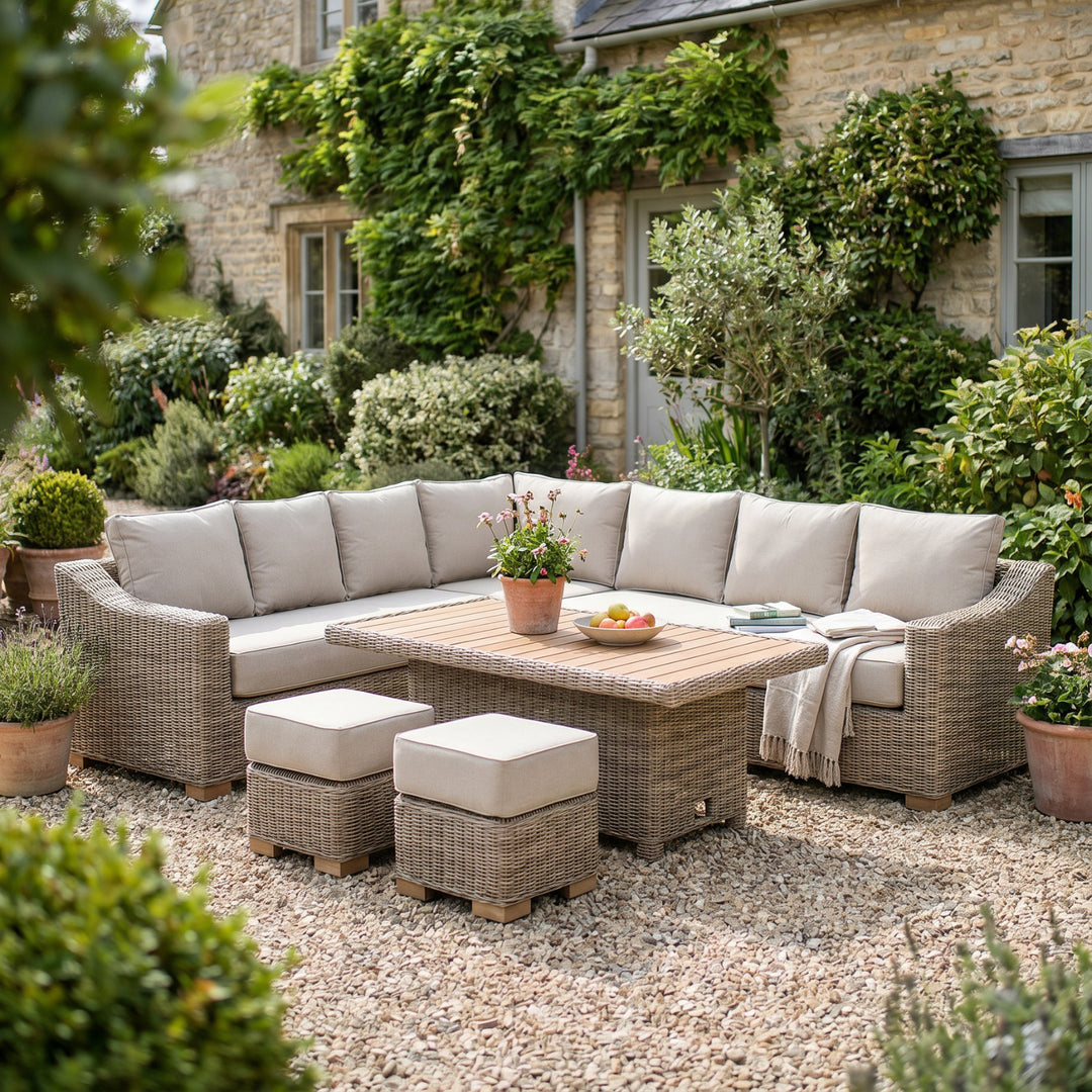 Capri Outdoor Large Corner Set With Riser Table + 2 Stools by Hill Interiors