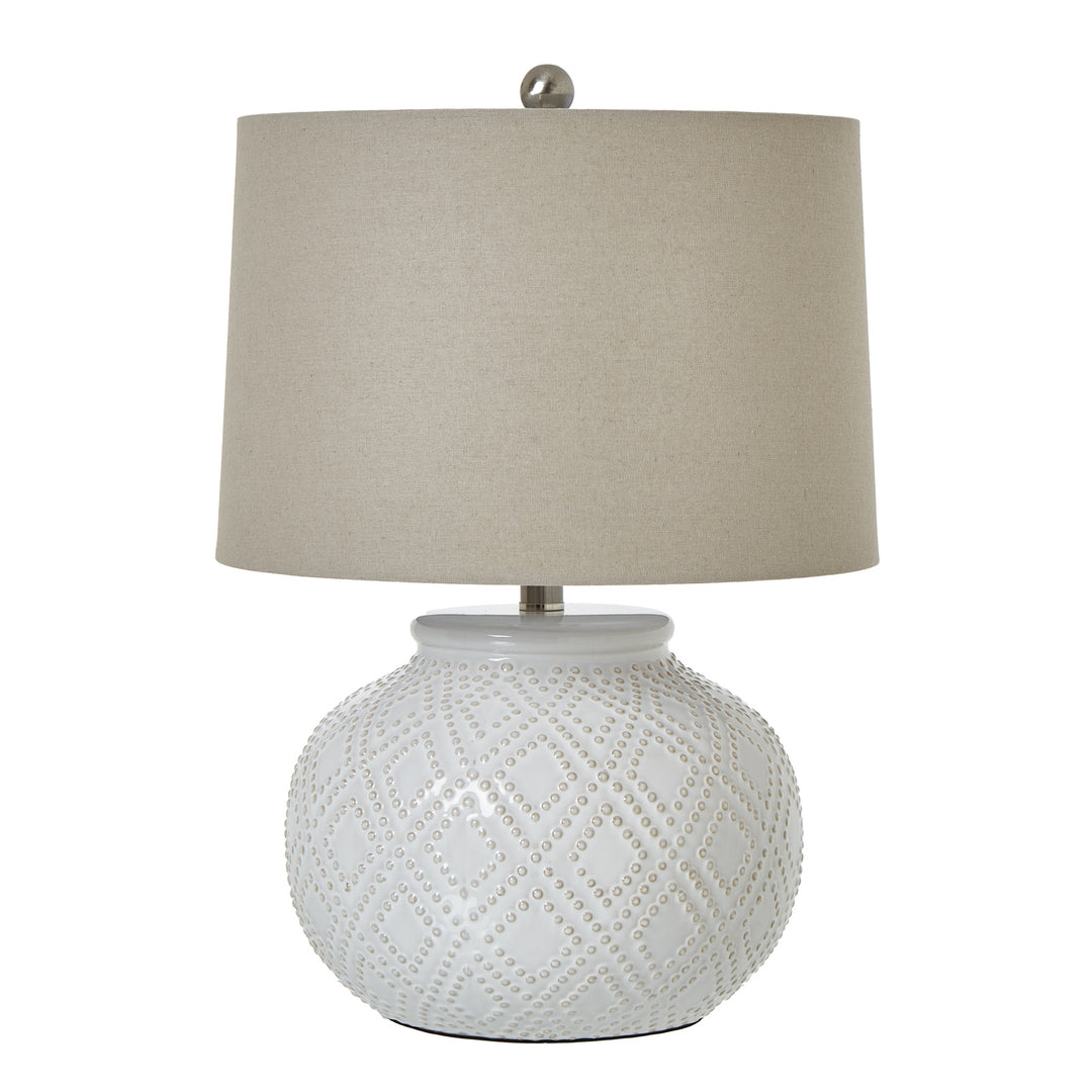Squat White Beaded Ceramic Lamp With Linen Shade by Hill Interiors