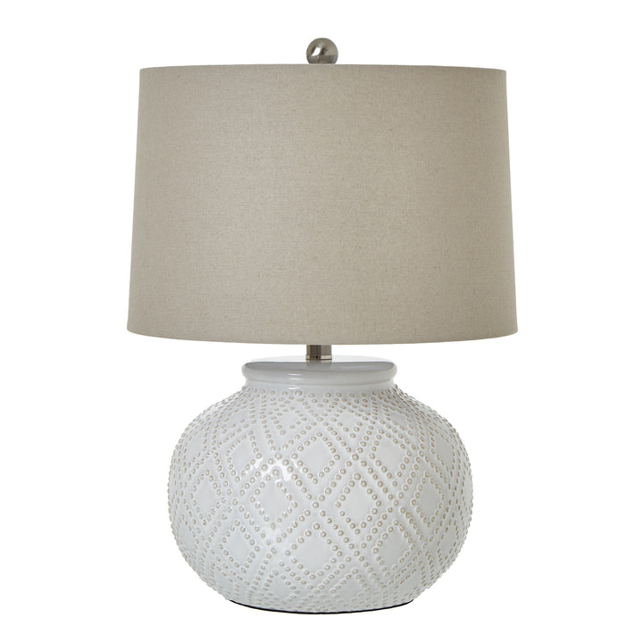Squat White Beaded Ceramic Lamp With Linen Shade by Hill Interiors