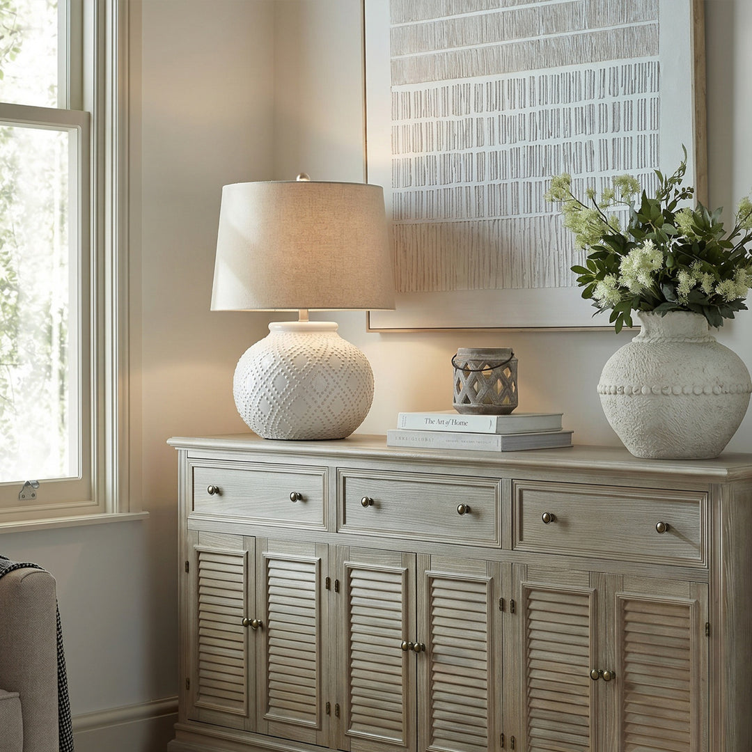 Squat White Beaded Ceramic Lamp With Linen Shade by Hill Interiors