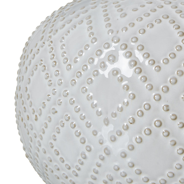 Squat White Beaded Ceramic Lamp With Linen Shade by Hill Interiors