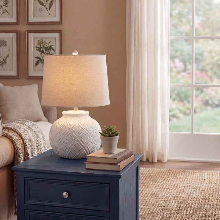 Squat White Beaded Ceramic Lamp With Linen Shade by Hill Interiors