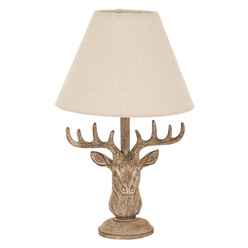 Stonewashed Stag Head Table Lamp With Linen Shade