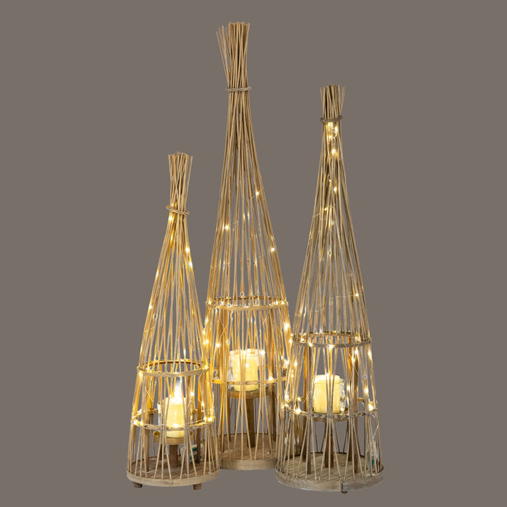 Large Conical Wicker Lantern With Glass Holder & LED Lights by Hill Interiors