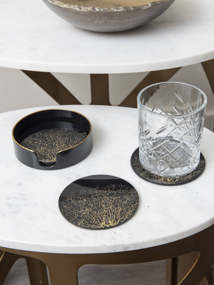 Coral Design Black And Gold Coasters Set Of 4