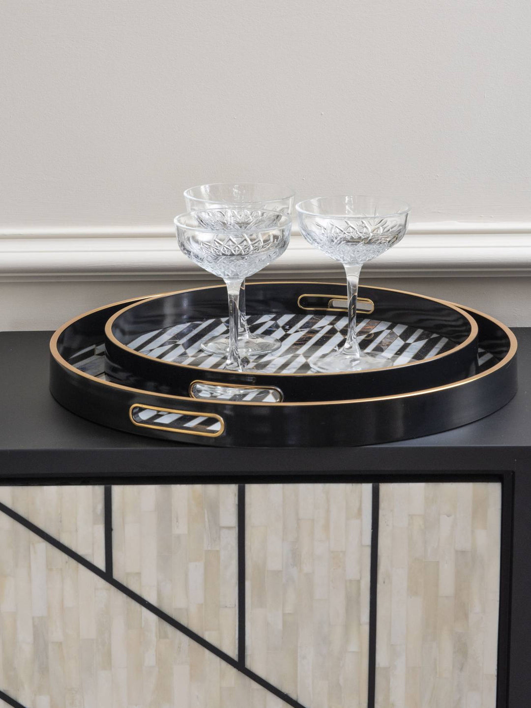 Set of Two Black And Antique Gold Geometric Pattern Trays