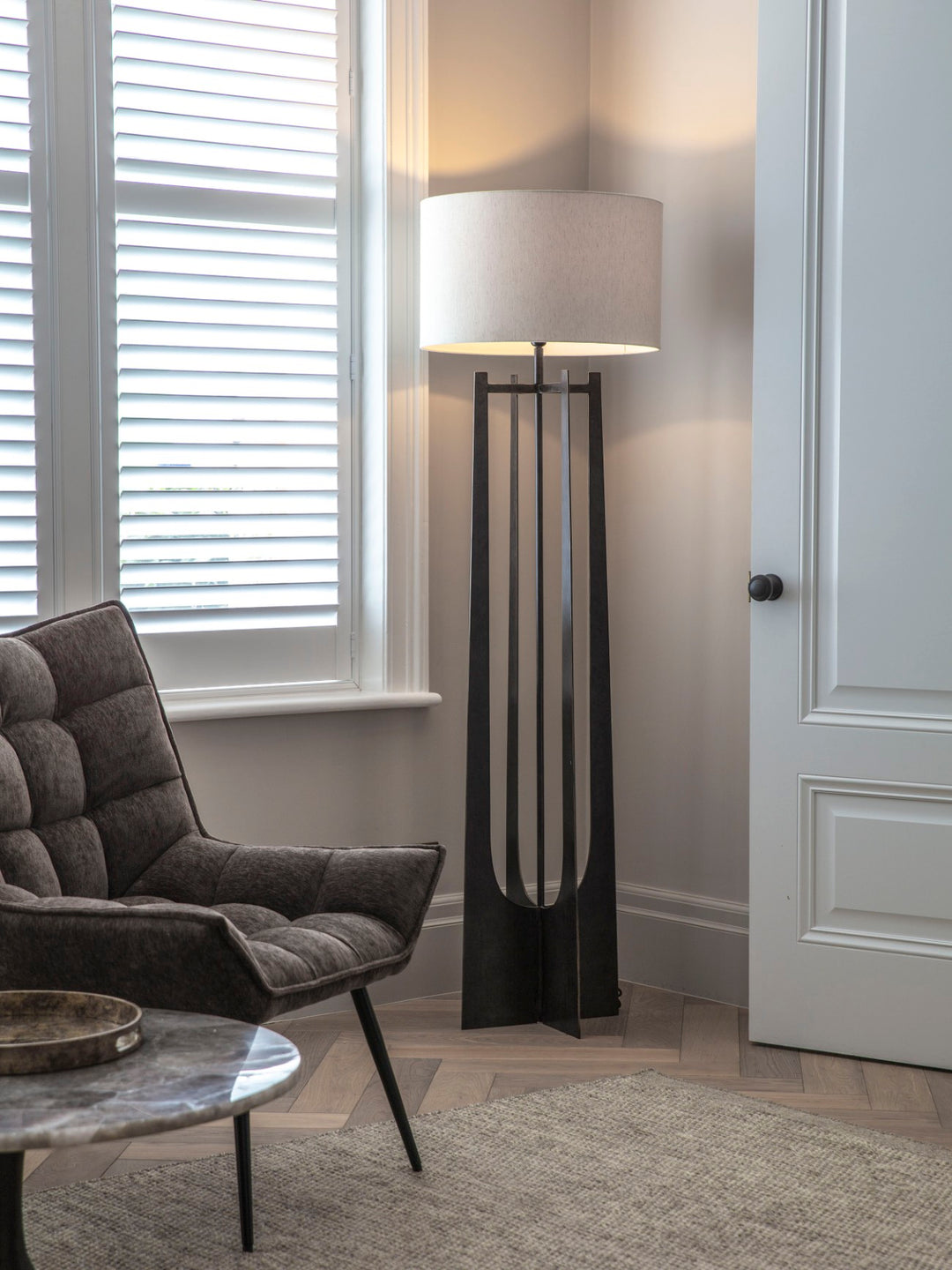 Glenthorpe Hammered Iron Floor Lamp Gilded Oak Finish with Irish Linen Shade