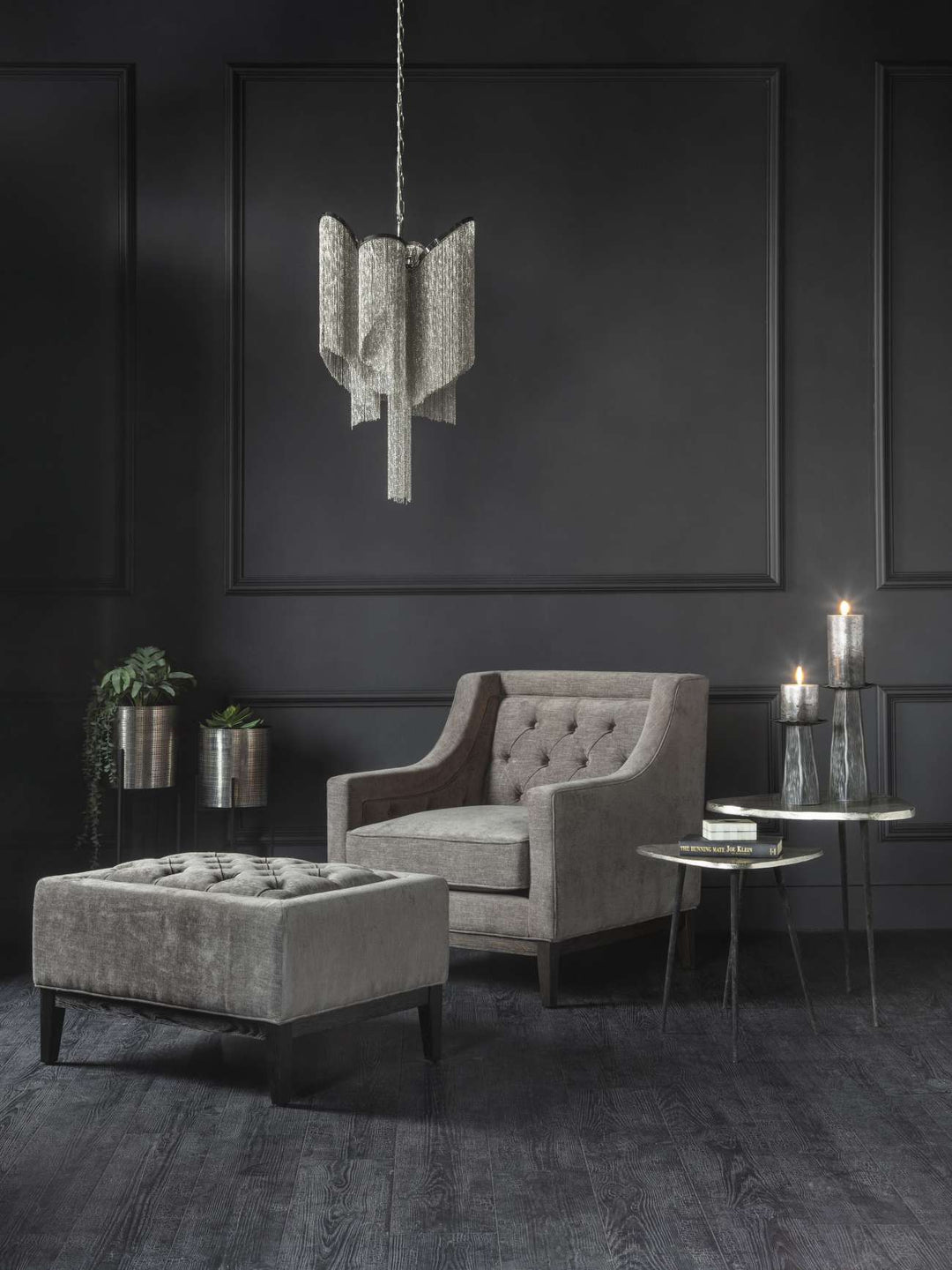 Theodore Buttoned Armchair in Warm Grey Fabric