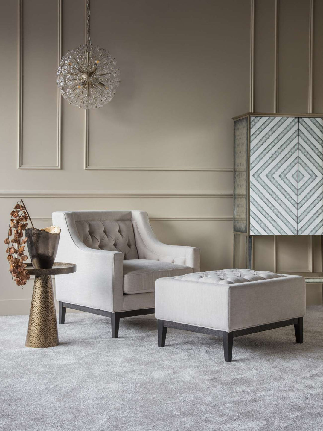 Theodore Buttoned Stool in Ivory Fabric 81x61x44.5cm