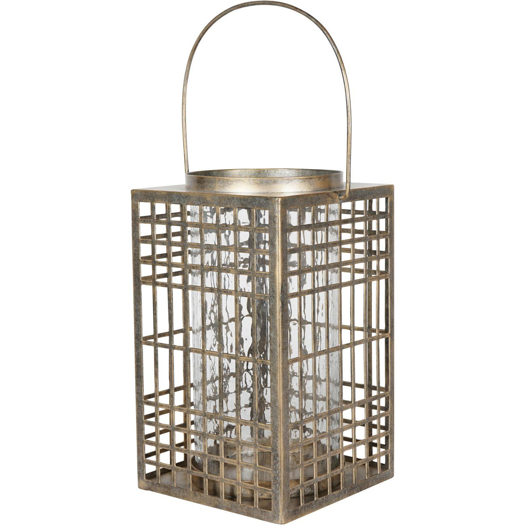 Barossa Fretwork Square Lantern in Aged Gold with Glass Flute 33cm