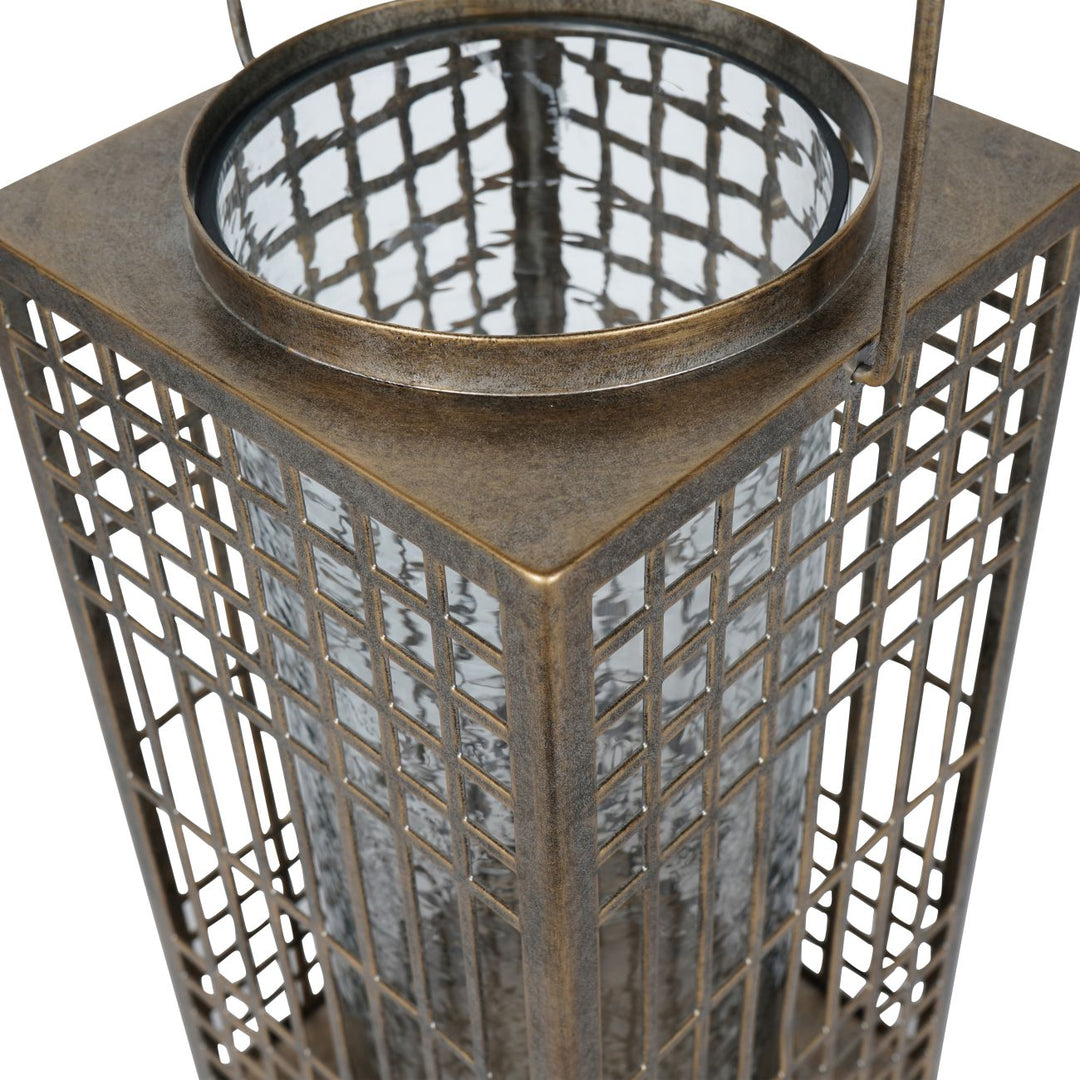 Barossa Fretwork Square Lantern in Aged Gold with Glass Flute 40.5cm