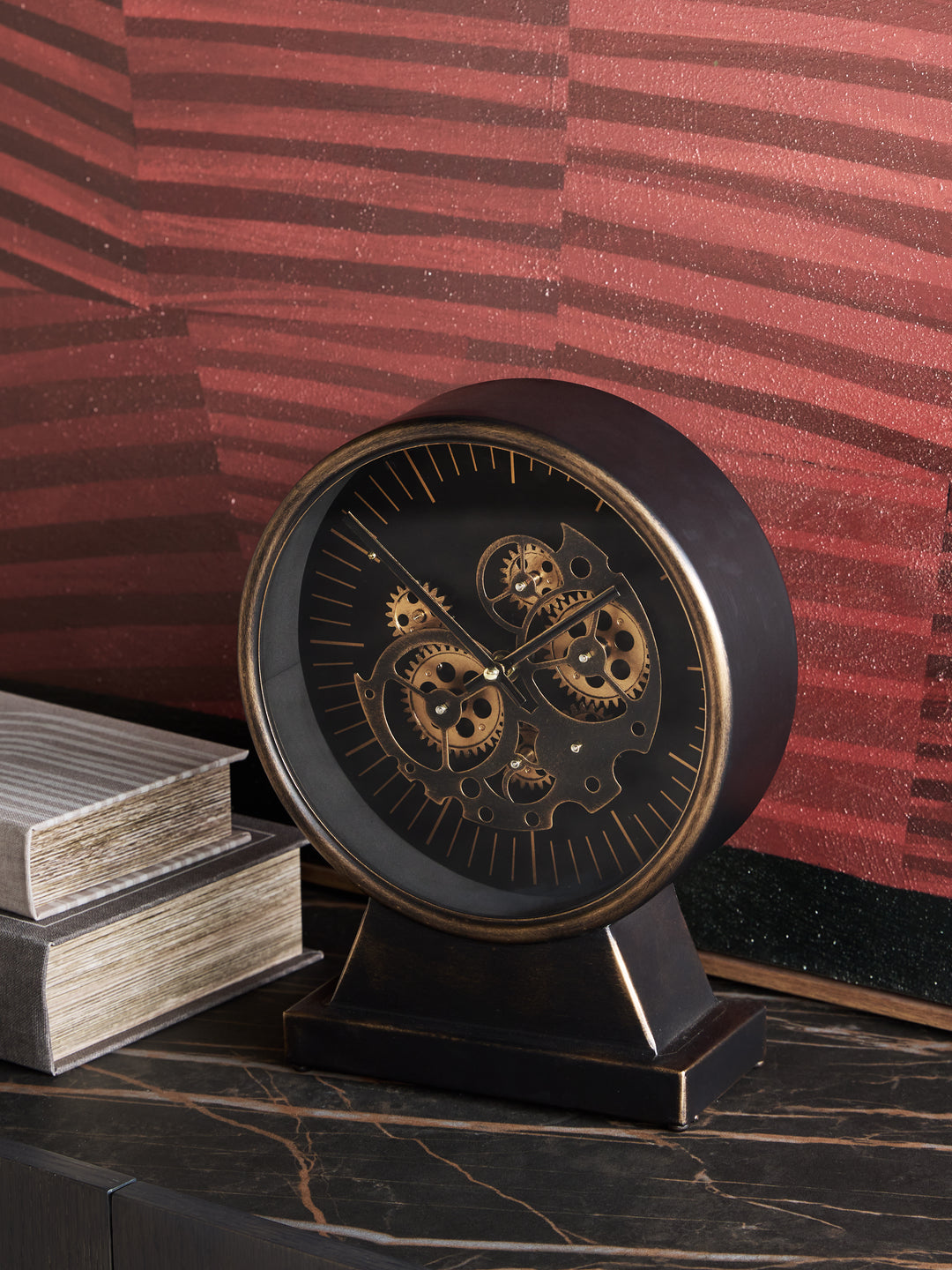 Palladium Black & Gold Mantel Clock with Moving Cogs