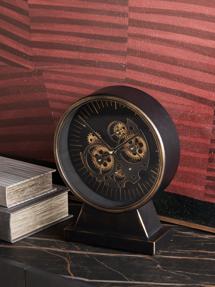 Palladium Black & Gold Mantel Clock with Moving Cogs