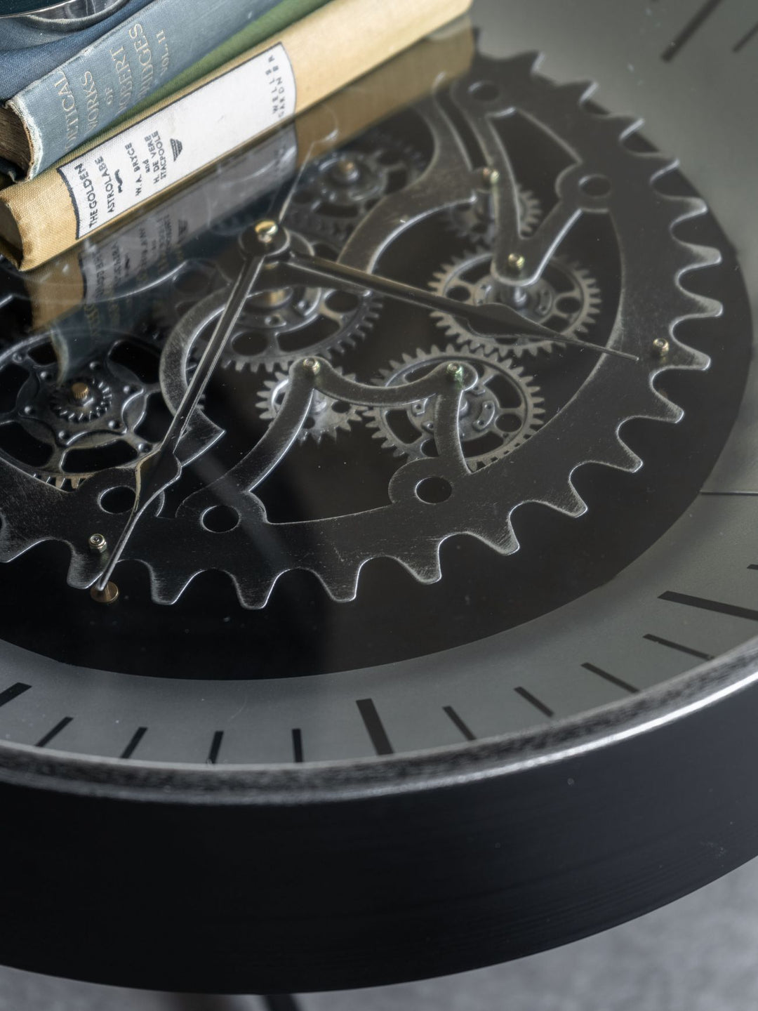 Palladium Side Table Clock with Moving Cogs Black Nickel