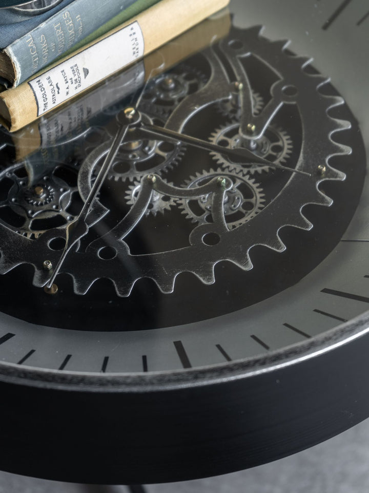Palladium Side Table Clock with Moving Cogs Black Nickel