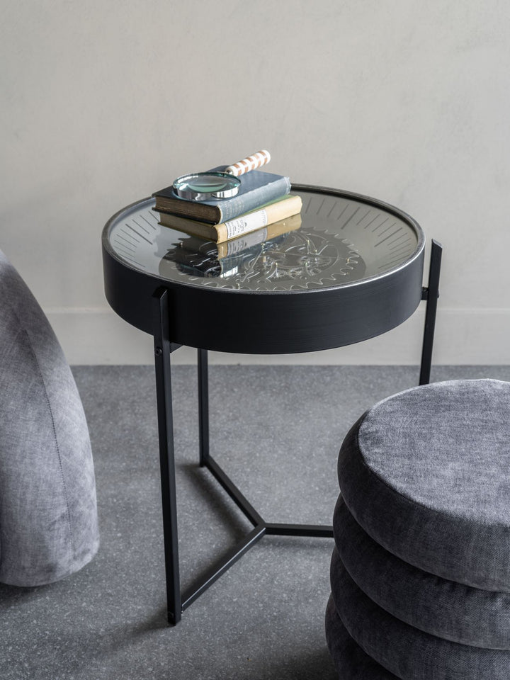 Palladium Side Table Clock with Moving Cogs Black Nickel