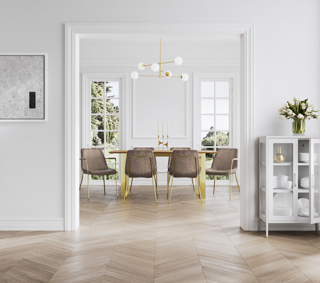 Antibes Gold Dining Table 4 Carlo Taupe Chairs with Arms