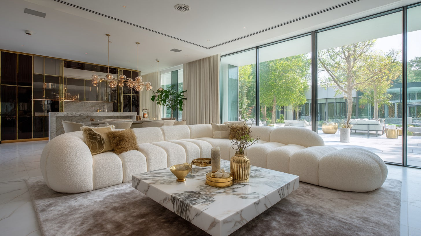 Luxury living room interior with cream bouclé sofa and marble coffee table — Downton Home