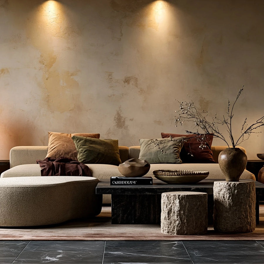 Curved sofa with olive and rust cushions, a dark vase of branches and stone side tables under warm wall lights