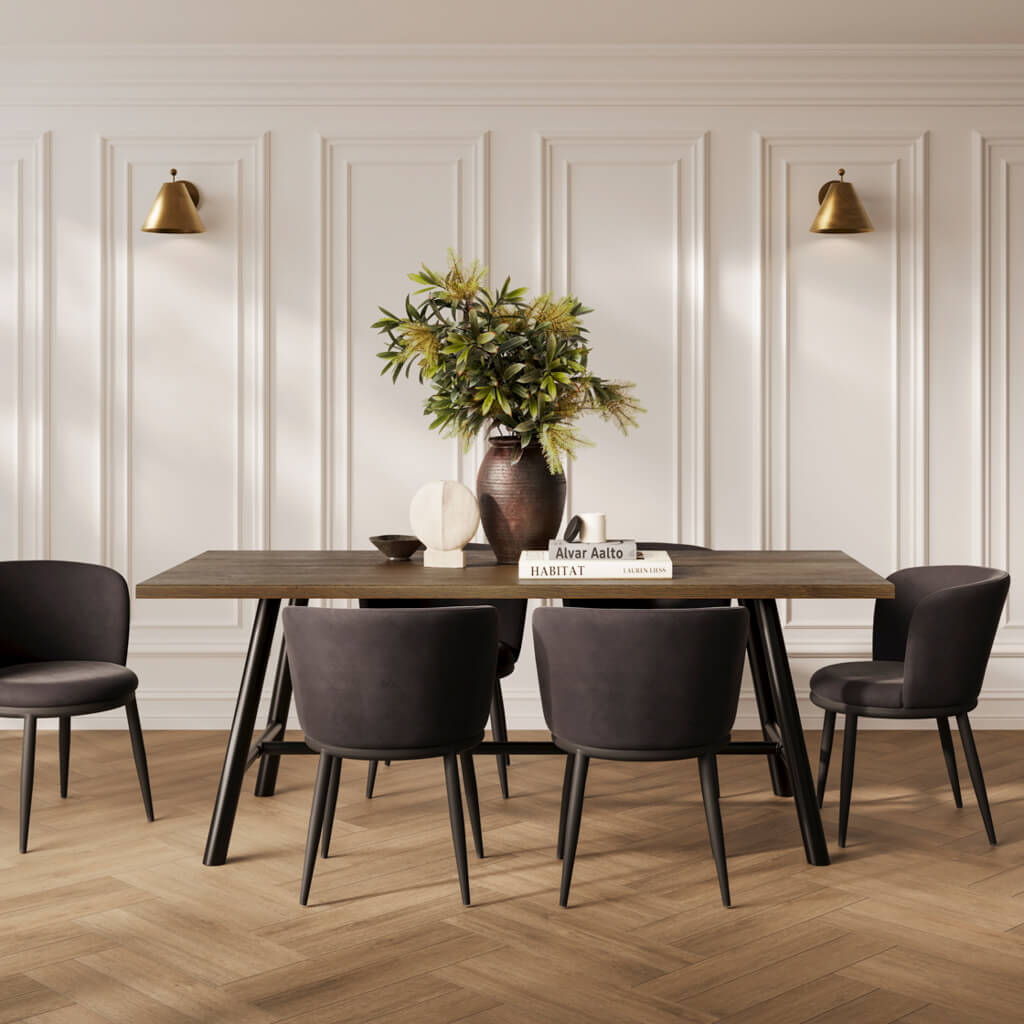 Louie Coffee Dining Table with 4 Nova Black Dining Chairs