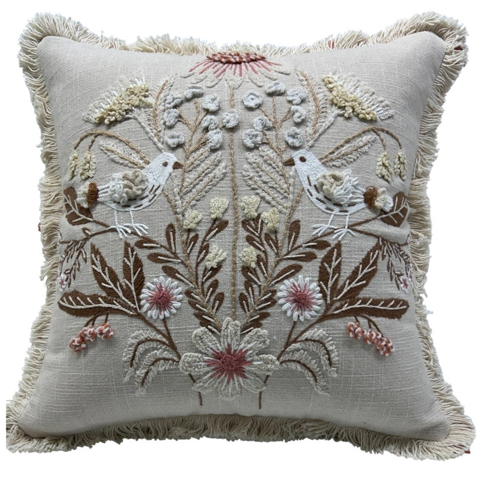 FLORAL BIRD HAND EMB CUSHION 45 X 45
