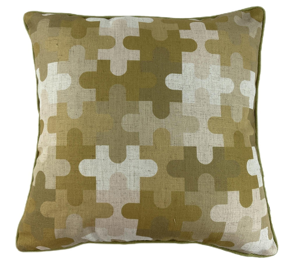 MODERN JIGSAW PRINT ON FAX LINEN SWAMPGREEN  45 X 45 , MODERN JIGSAW PRINT ON FAX LINEN SWAMPGREEN  45 X 45