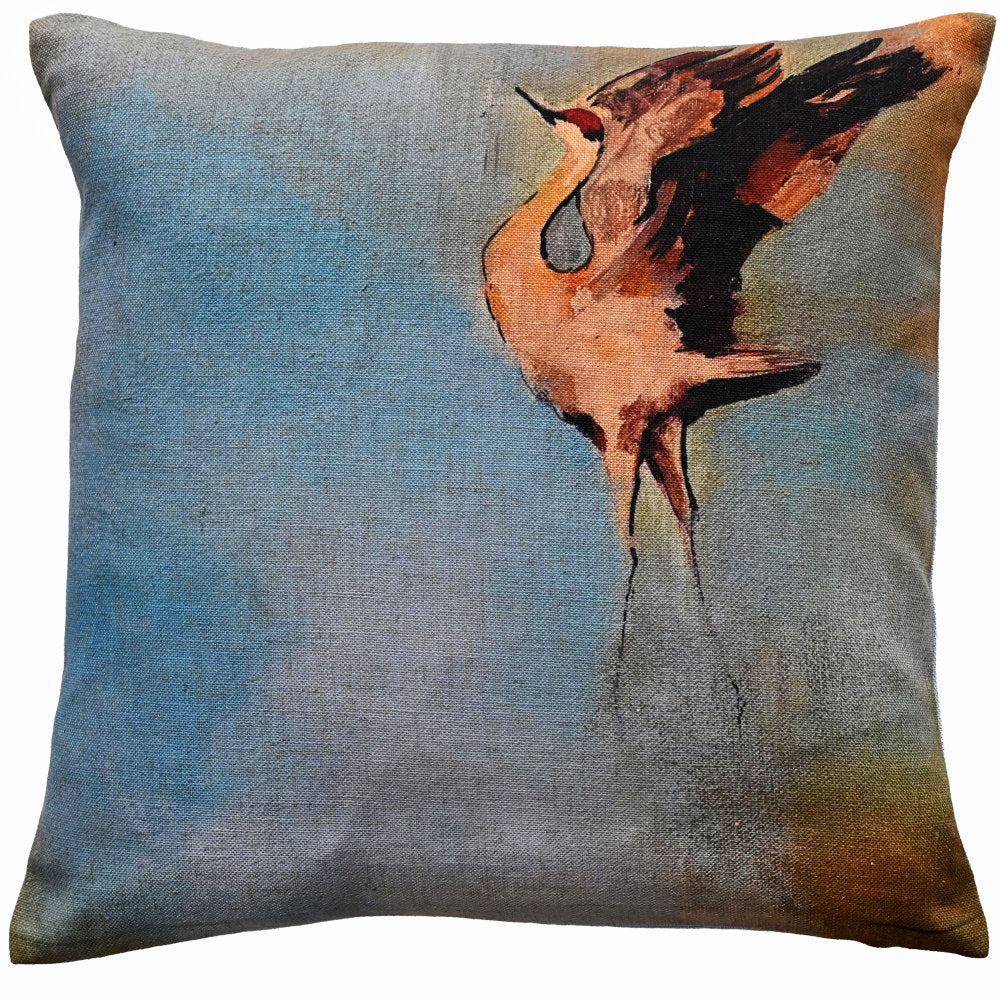 FLYING CRANE PRINT ON FAUX LINEN 45 X 45 , FLYING CRANE PRINT ON FAUX LINEN 45 X 45