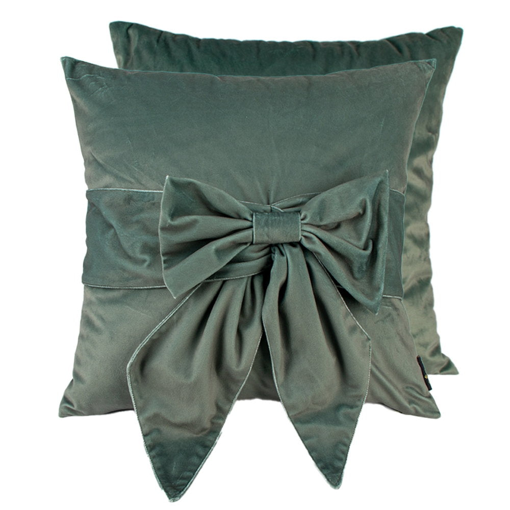 VELV CUSHION WITH BOW SAGE 45 X 45 , VELV CUSHION WITH BOW SAGE 45 X 45 , VELV CUSHION WITH BOW SAGE 45 X 45