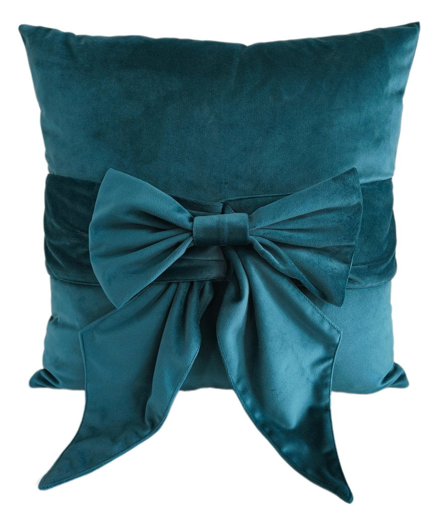 PM VELV CUSHION WITH BOW TEAL 45 X 45