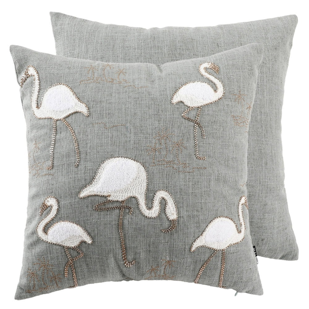 EMBELLISHED FLAMINGOS ON FAUX LINEN 45 X 45