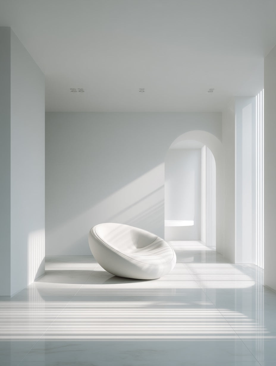 Pure Minimalism interior style — all white room with single sculptural chair and soft natural light — Downton Home