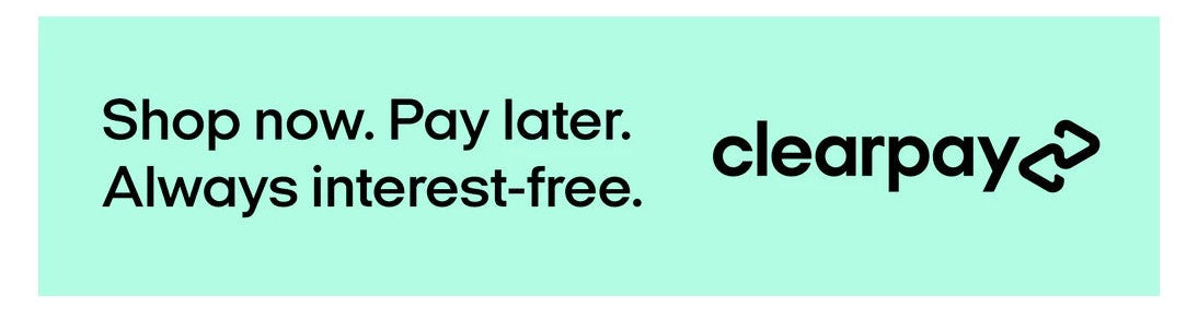Clearpay advertisement with text 'Shop now. Pay later. Always interest-free.' on a light green background.