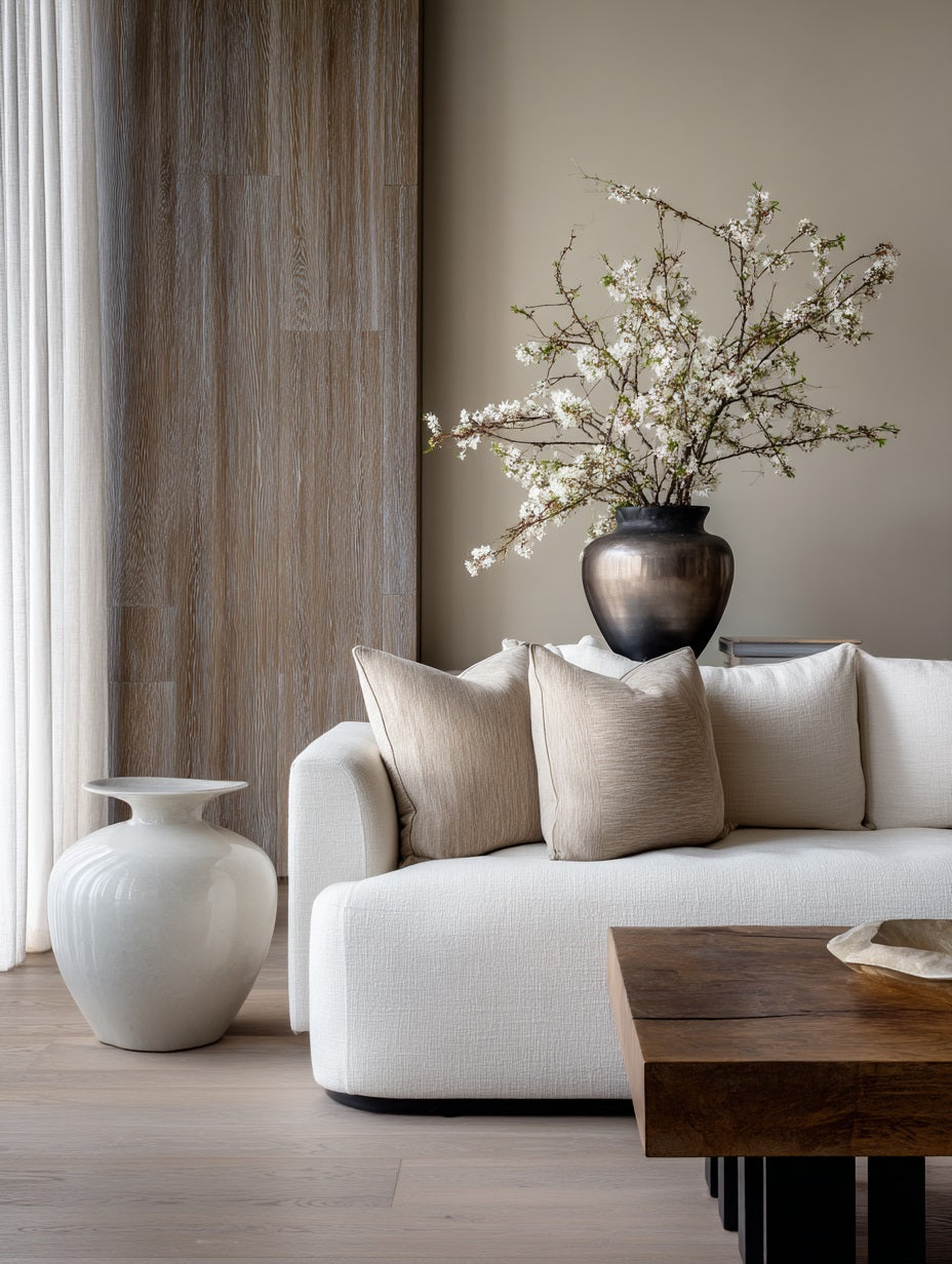 Contemporary Elegance interior style — ivory linen sofa with sculptural vase and warm neutral tones — Downton Home