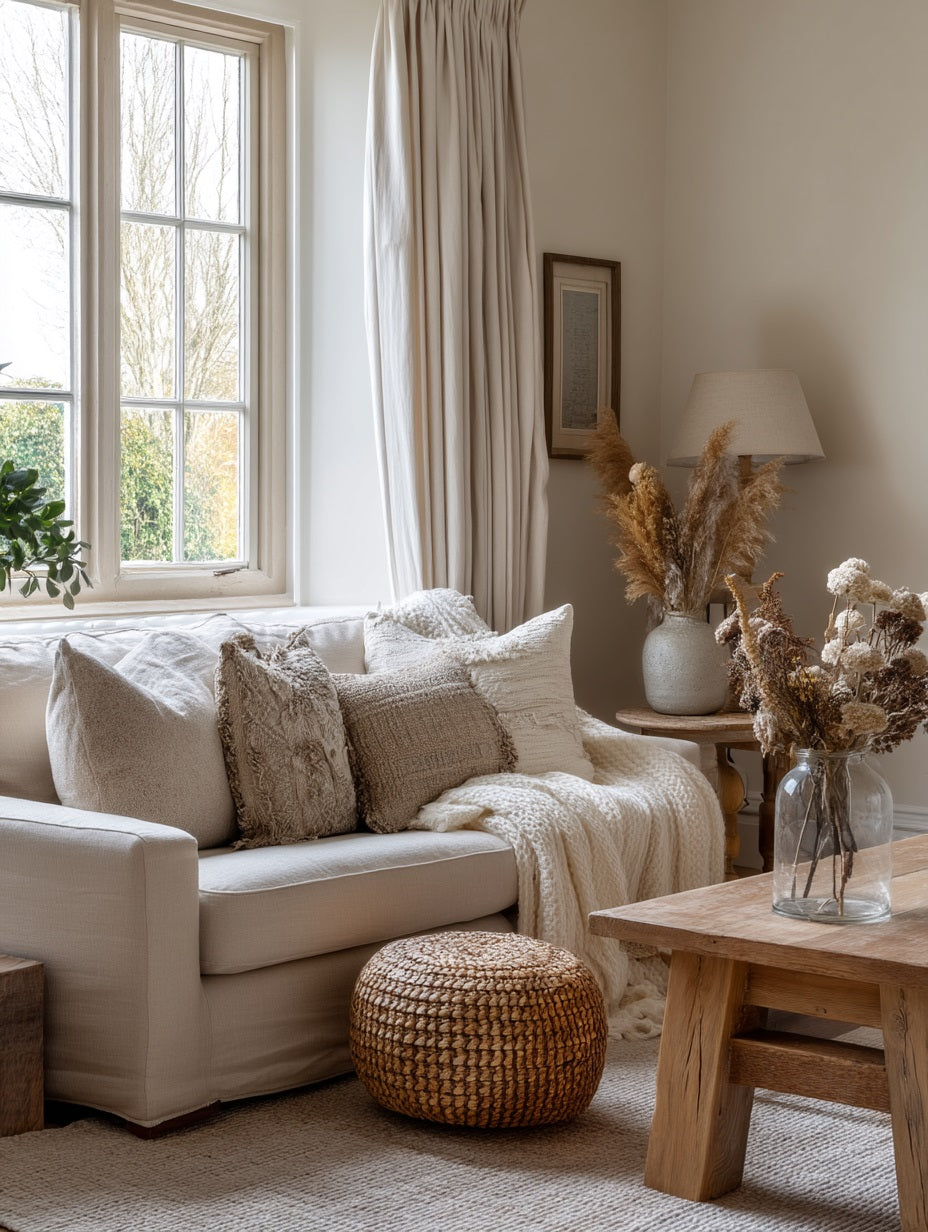 Modern Farmhouse interior style — cream sofa with natural textures, linen throw and dried botanicals — Downton Home