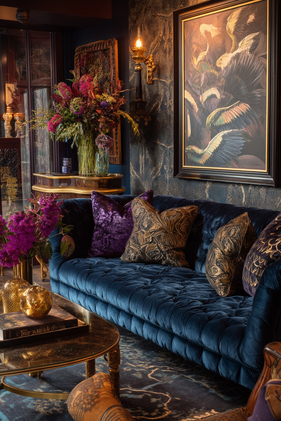 The Maximalist Edit — jewel toned navy velvet sofa with ornate gold accessories and bold statement artwork — Downton Home