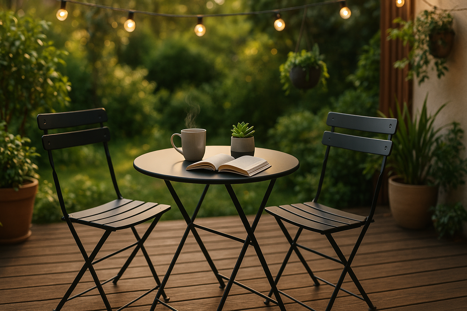 A stylish outdoor lifestyle image of the "Decora Outdoor Bistro Set" in matte black, arranged on a cozy patio or balcony with greenery, string lights, and warm afternoon lighting. The bistro table and chairs are shown with light decor like a coffee mug, book, or small potted plant, capturing a relaxed and modern alfresco vibe. Shot in wide-angle format, aspect ratio 16:9, ideal for an ecommerce homepage slider.

