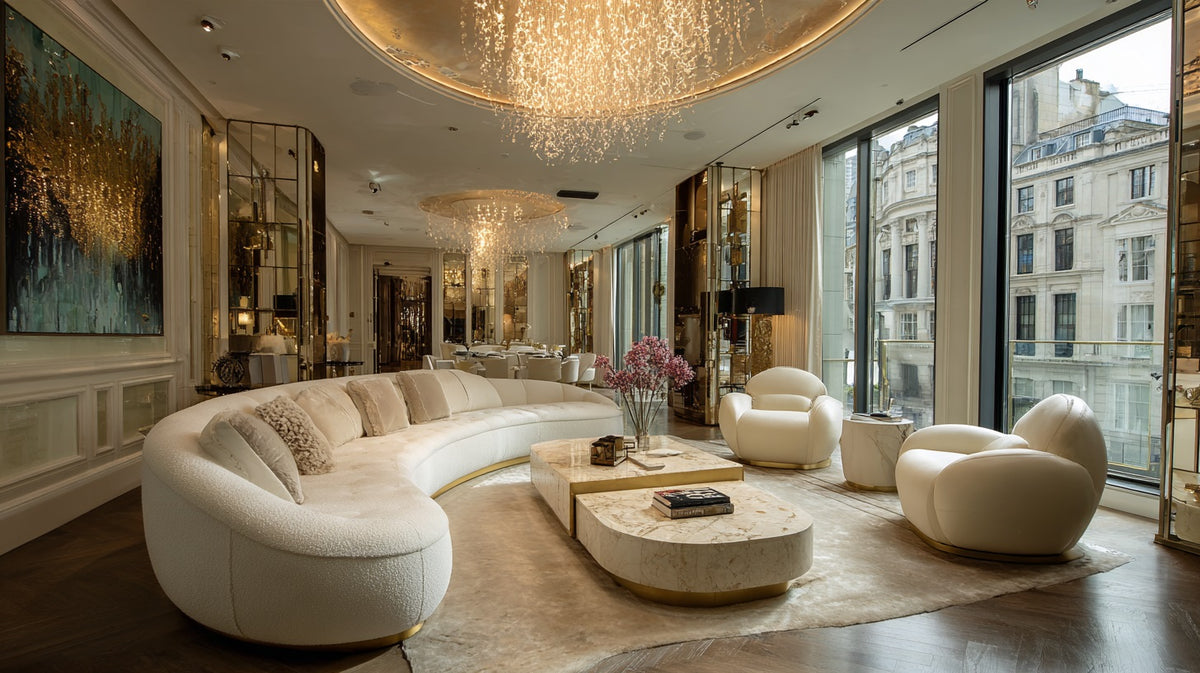 Luxury living room with curved cream sofa, sculptural armchairs, marble coffee table and crystal chandeliers