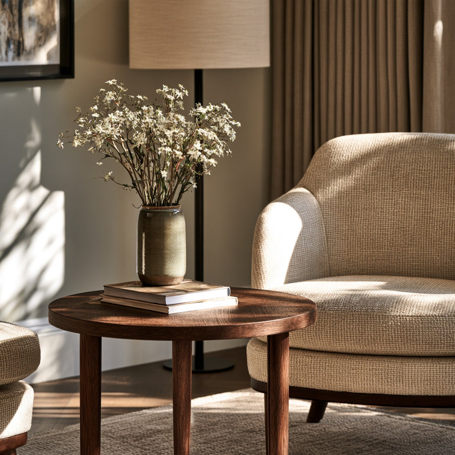 Round walnut side table with a stoneware vase beside a woven armchair