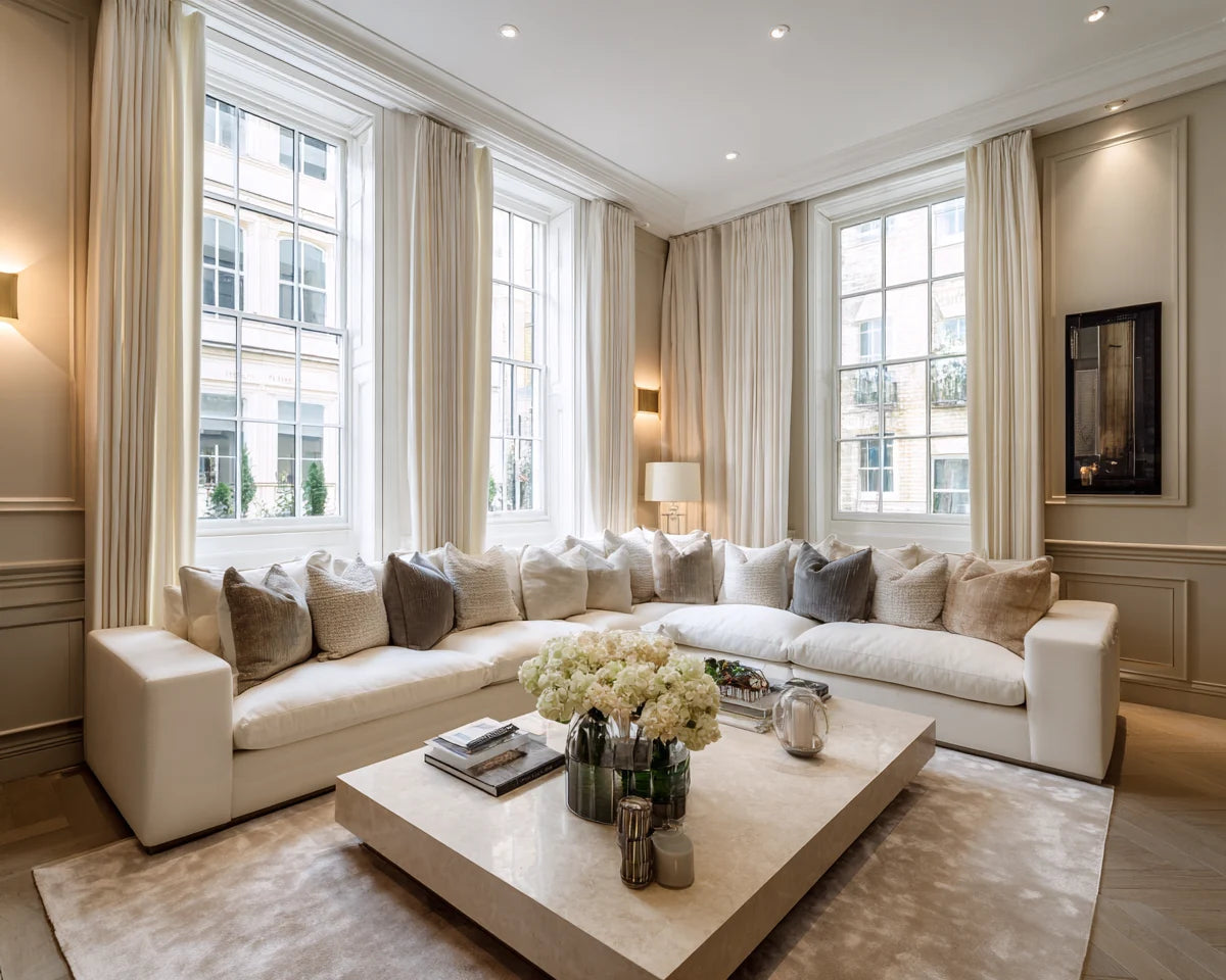Large cream L-shaped modular sofa and sculptural coffee table in a luxurious British sitting room